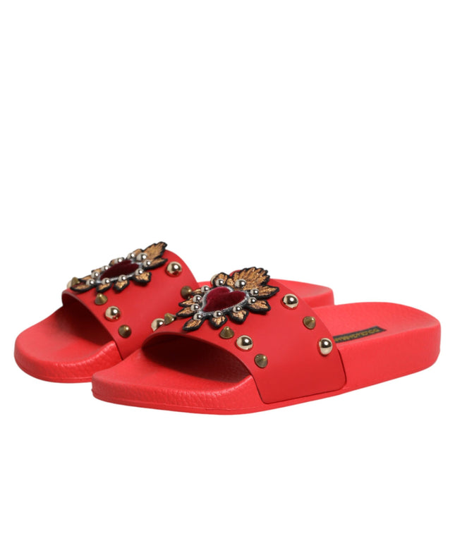 Dolce & Gabbana Red Sacred Heart Stud Slides Beachwear Shoes