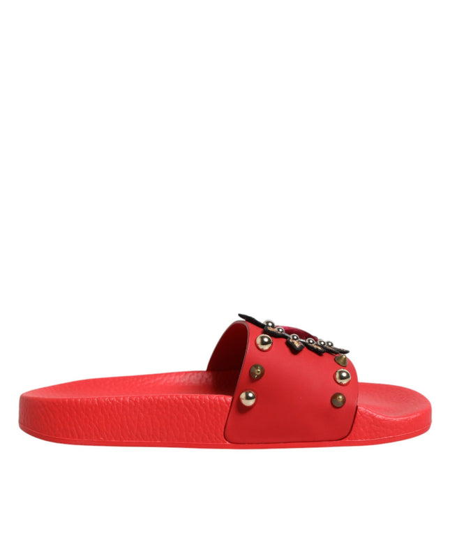 Dolce & Gabbana Red Sacred Heart Stud Slides Beachwear Shoes