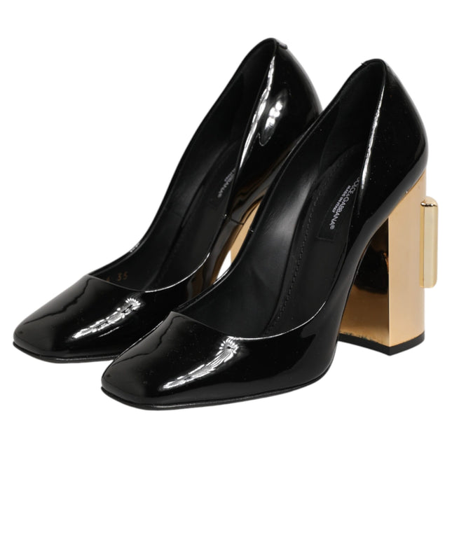 Dolce & Gabbana Black Gold Patent Leather Logo Heels Pumps Shoes