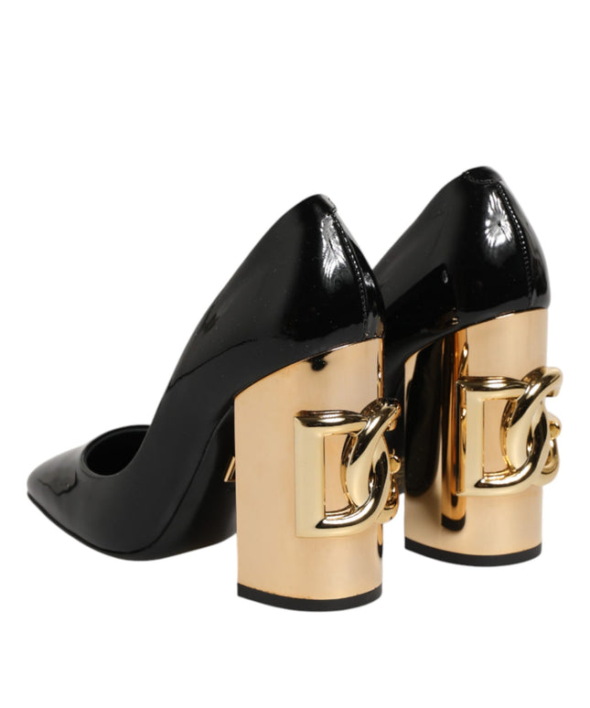Dolce & Gabbana Black Gold Patent Leather Logo Heels Pumps Shoes