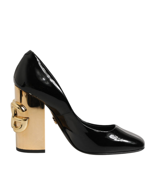 Dolce & Gabbana Black Gold Patent Leather Logo Heels Pumps Shoes