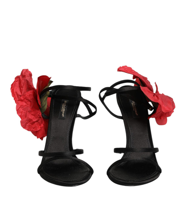 Dolce & Gabbana Black Leather Strappy Flower Heels Sandals  Shoes