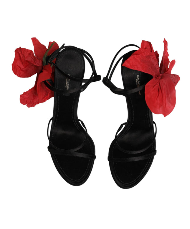 Dolce & Gabbana Black Leather Strappy Flower Heels Sandals  Shoes