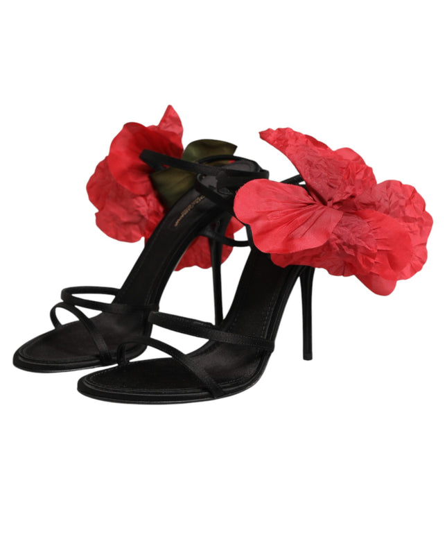 Dolce & Gabbana Black Leather Strappy Flower Heels Sandals  Shoes