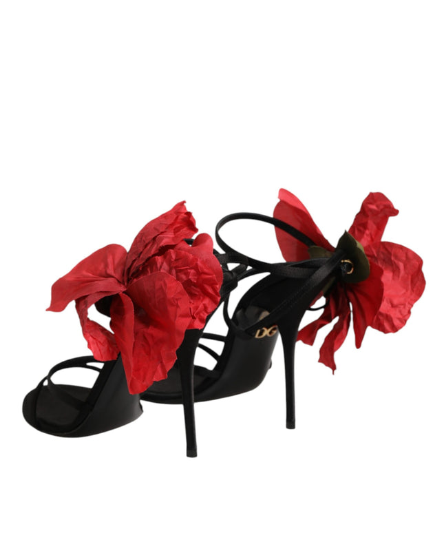 Dolce & Gabbana Black Leather Strappy Flower Heels Sandals  Shoes