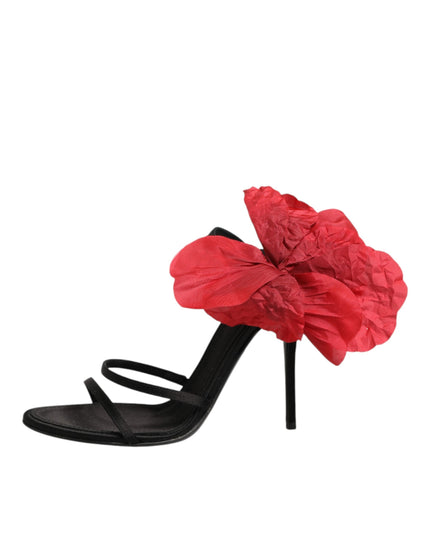 Dolce & Gabbana Black Leather Strappy Flower Heels Sandals  Shoes