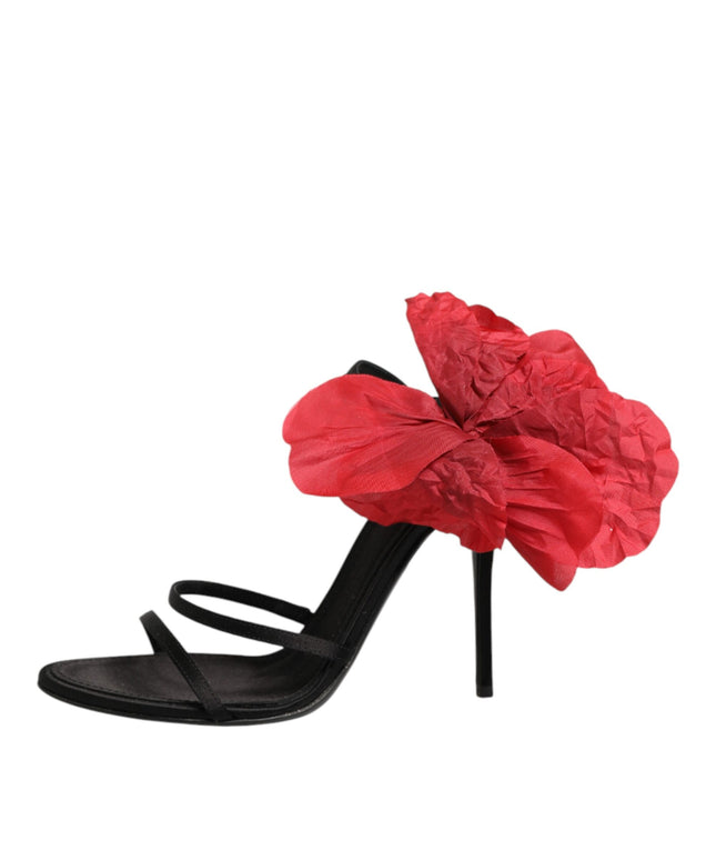 Dolce & Gabbana Black Leather Strappy Flower Heels Sandals  Shoes