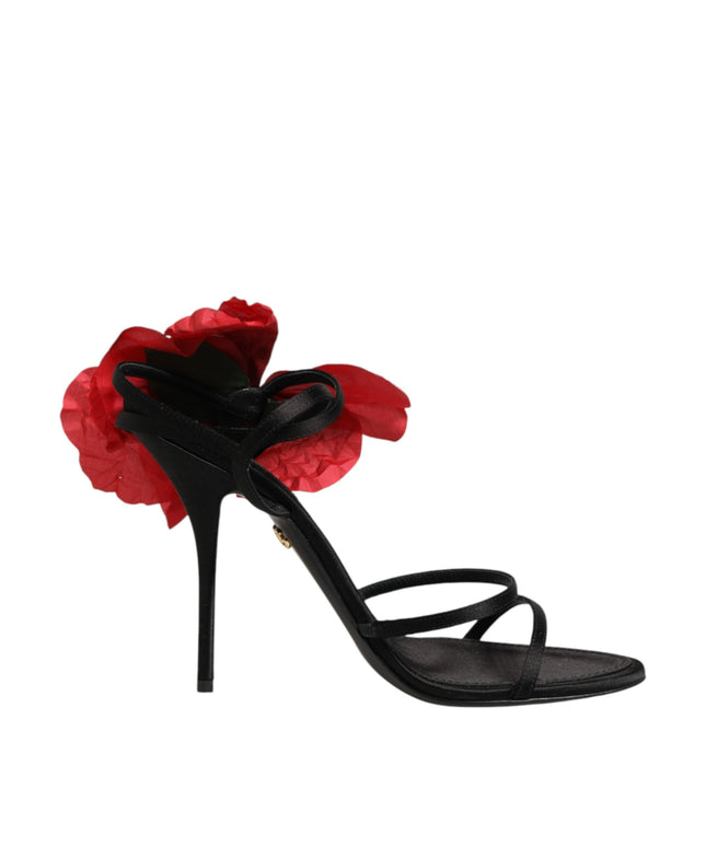 Dolce & Gabbana Black Leather Strappy Flower Heels Sandals  Shoes