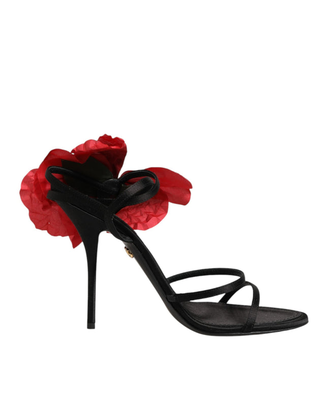Dolce & Gabbana Black Leather Strappy Flower Heels Sandals  Shoes