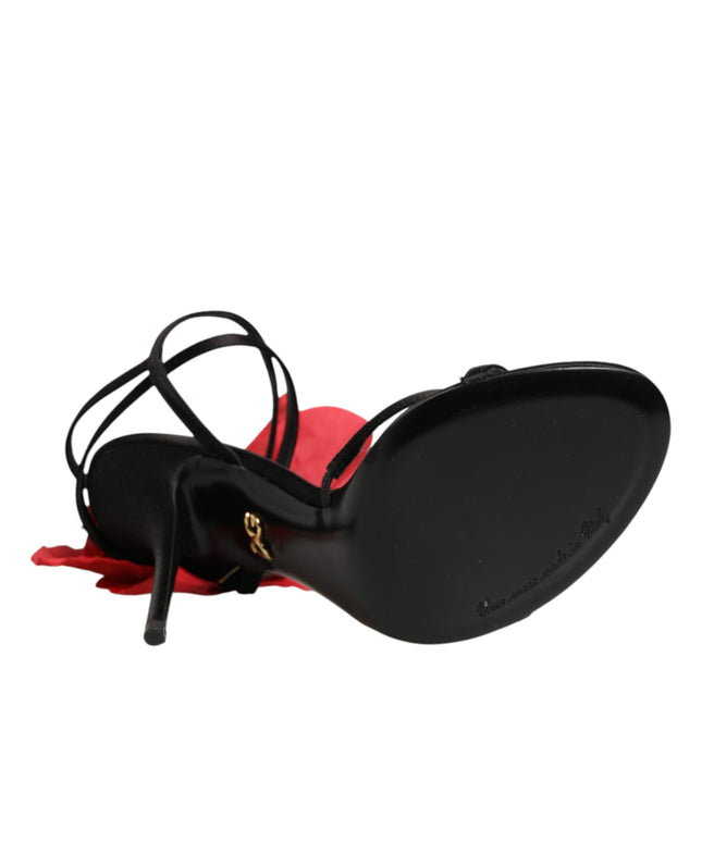 Dolce & Gabbana Black Leather Strappy Flower Heels Sandals  Shoes