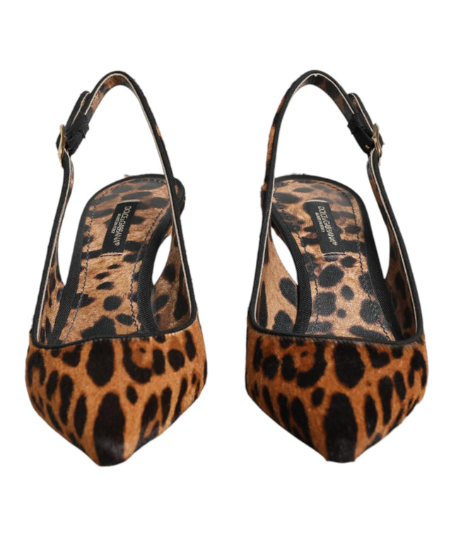 Dolce & Gabbana Brown Leopard Calfskin Fur Slingbacks Shoes