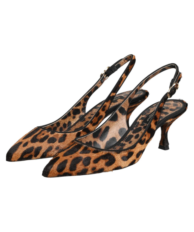 Dolce & Gabbana Brown Leopard Calfskin Fur Slingbacks Shoes