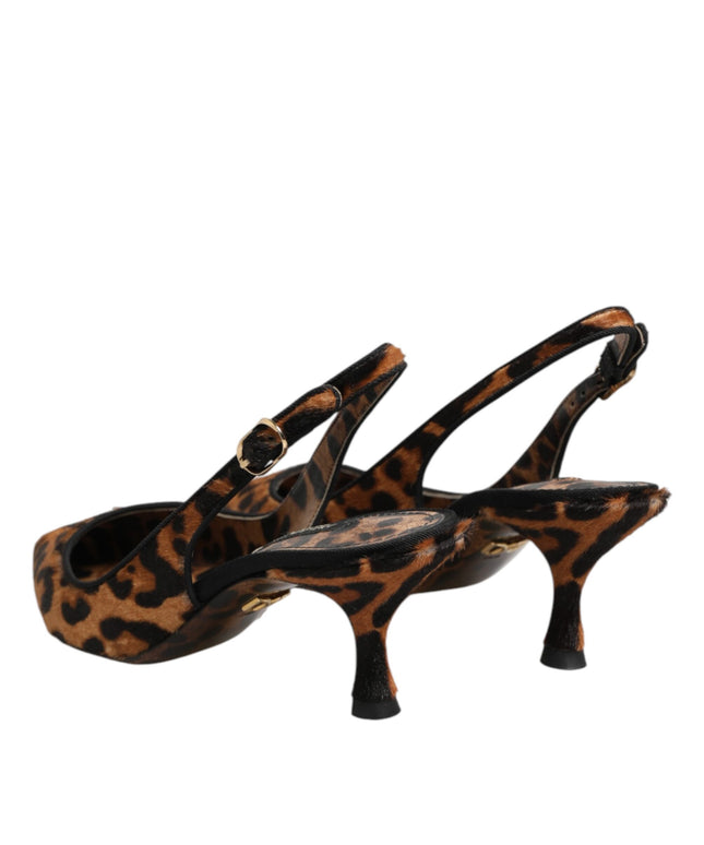 Dolce & Gabbana Brown Leopard Calfskin Fur Slingbacks Shoes