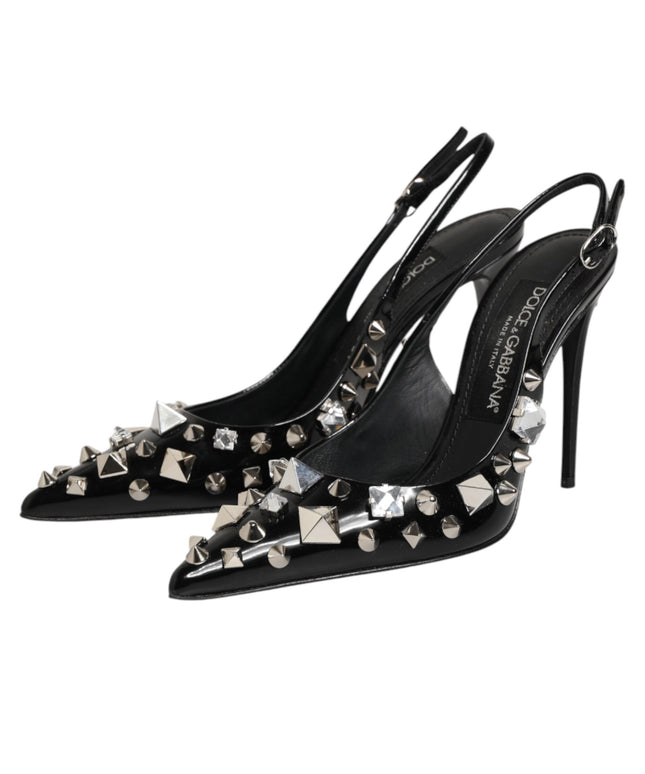 Dolce & Gabbana Black Studded Leather Heels Slingbacks Shoes