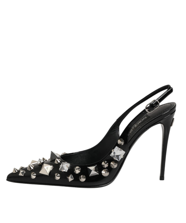 Dolce & Gabbana Black Studded Leather Heels Slingbacks Shoes