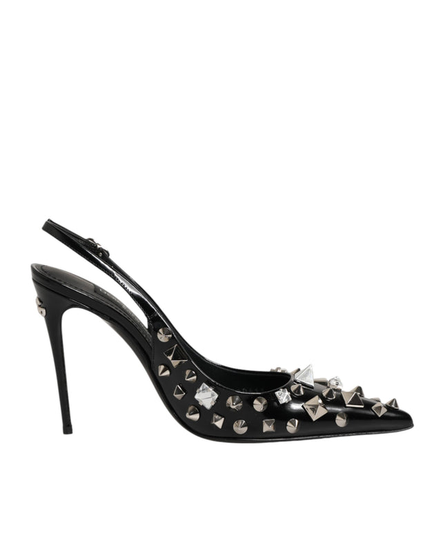 Dolce & Gabbana Black Studded Leather Heels Slingbacks Shoes