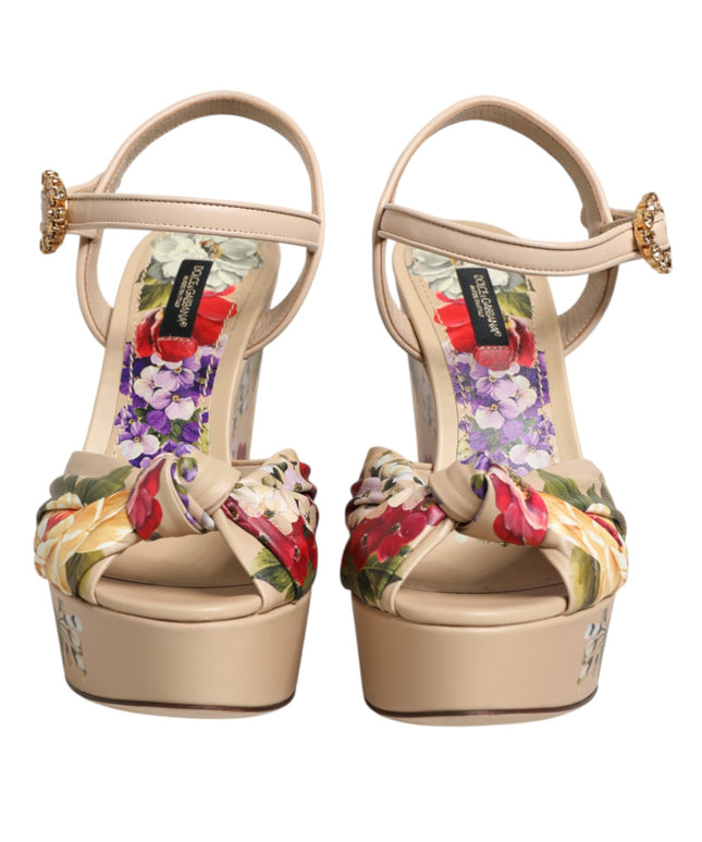 Dolce & Gabbana Beige Floral Ankle Strap Wedge Sandals Shoes