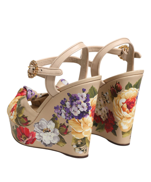Dolce & Gabbana Beige Floral Ankle Strap Wedge Sandals Shoes