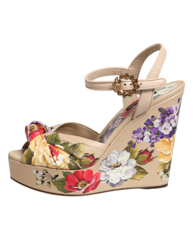 Dolce & Gabbana Beige Floral Ankle Strap Wedge Sandals Shoes