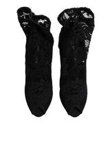 Dolce & Gabbana Black Stretch Taormina Lace Boots Shoes