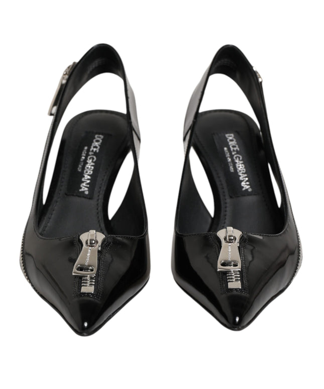 Dolce & Gabbana Black Zipper Leather Heels Slingbacks Shoes