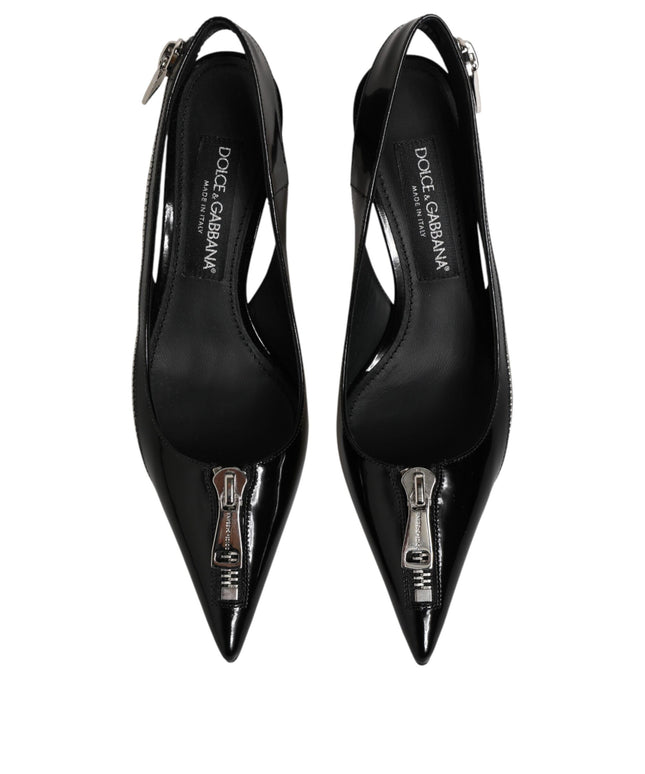 Dolce & Gabbana Black Zipper Leather Heels Slingbacks Shoes