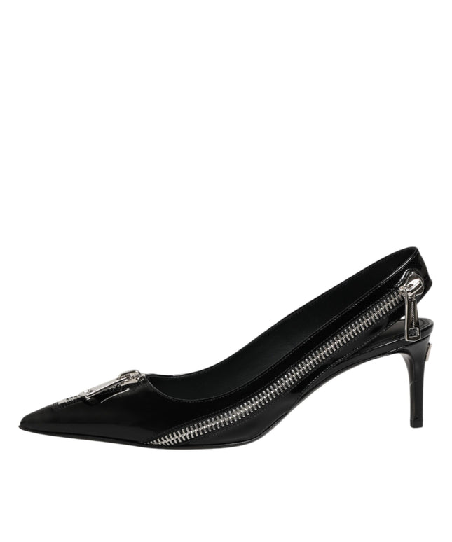 Dolce & Gabbana Black Zipper Leather Heels Slingbacks Shoes
