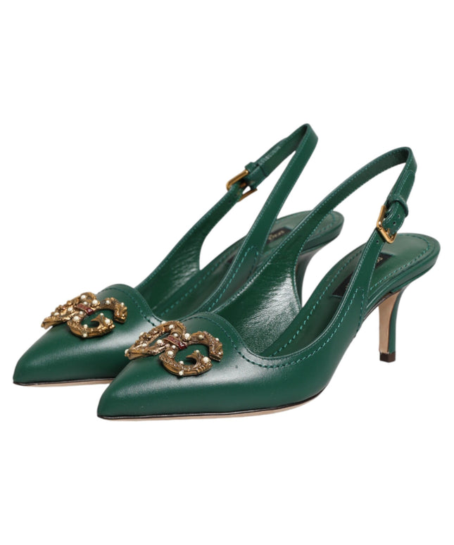 Dolce & Gabbana Green Leather AMORE Heels Slingbacks Shoes