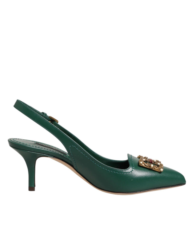 Dolce & Gabbana Green Leather AMORE Heels Slingbacks Shoes
