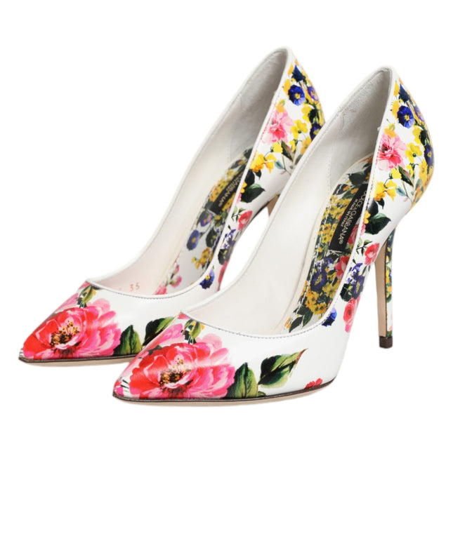 Dolce & Gabbana White Floral Leather High Heels Pumps Shoes
