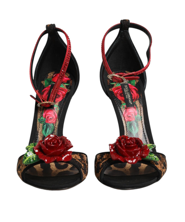 Dolce & Gabbana Brown Leopard Crystal Roses Sandals Shoes