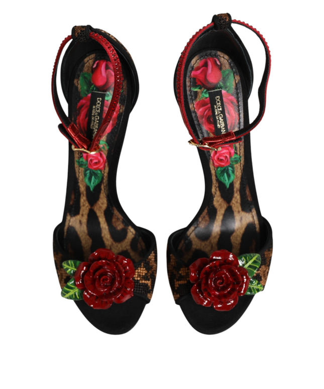 Dolce & Gabbana Brown Leopard Crystal Roses Sandals Shoes