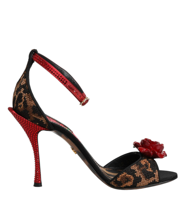 Dolce & Gabbana Brown Leopard Crystal Roses Sandals Shoes