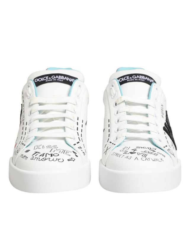 Dolce & Gabbana White Leather Graffiti Low Top Sneakers Shoes