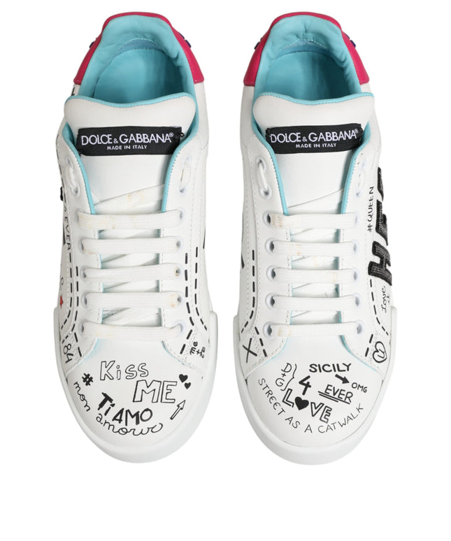 Dolce & Gabbana White Leather Graffiti Low Top Sneakers Shoes