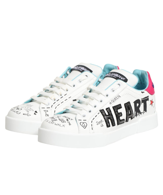 Dolce & Gabbana White Leather Graffiti Low Top Sneakers Shoes