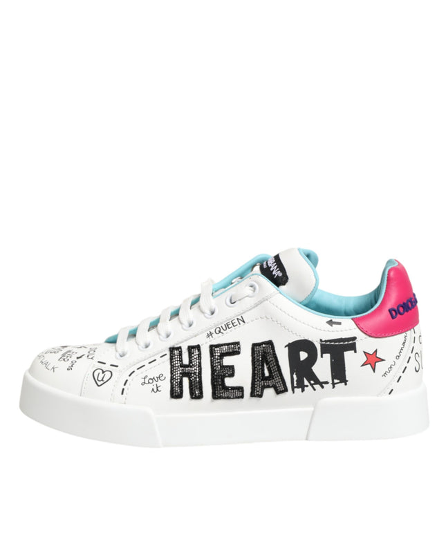 Dolce & Gabbana White Leather Graffiti Low Top Sneakers Shoes