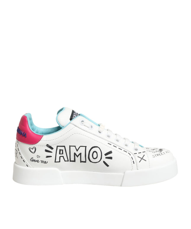 Dolce & Gabbana White Leather Graffiti Low Top Sneakers Shoes