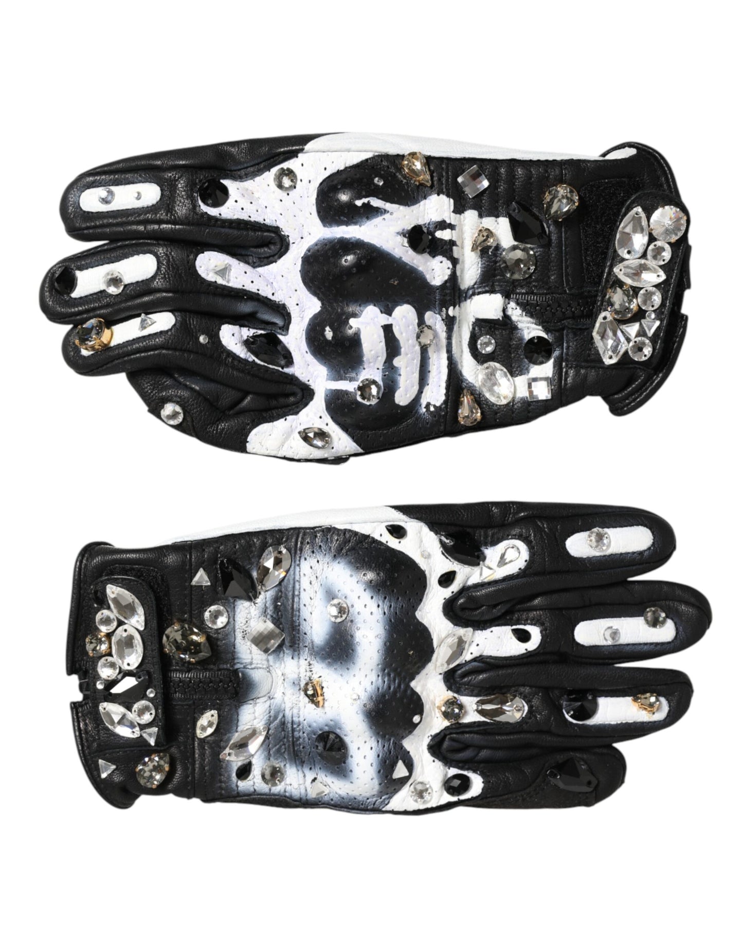 Dolce & Gabbana Gloves Black White Crystal Wrist Length Mitten  Gloves