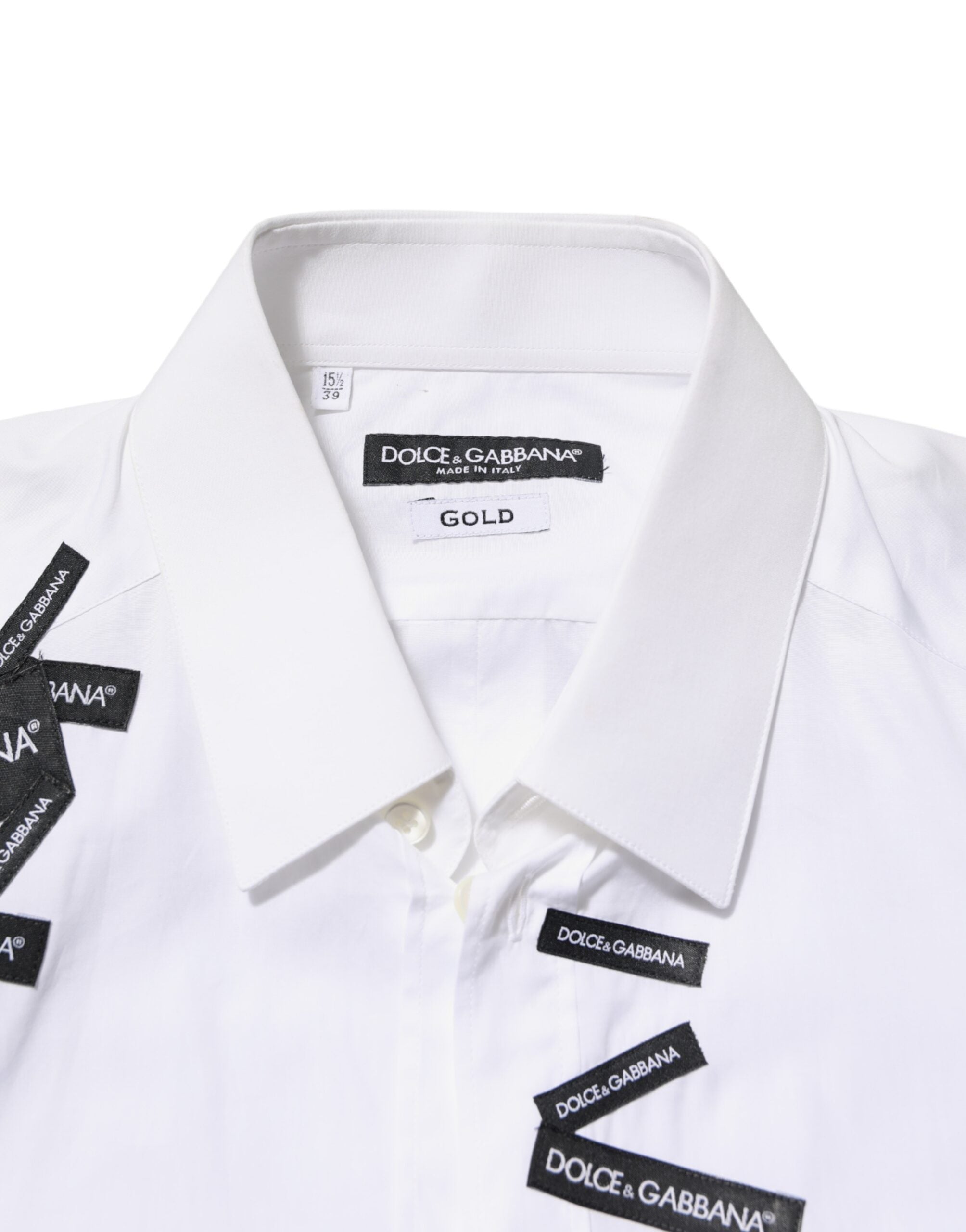 Dolce & Gabbana White Logo Cotton Collared GOLD Dress Shirt