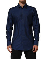 Dolce & Gabbana Blue Cotton Collared Men GOLD Dress Shirt