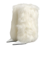 Dolce & Gabbana White Fur Pointed Knee High Stiletto Boots Shoes