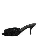 Dolce & Gabbana Black Embroidered Slip On Heels Slides Shoes