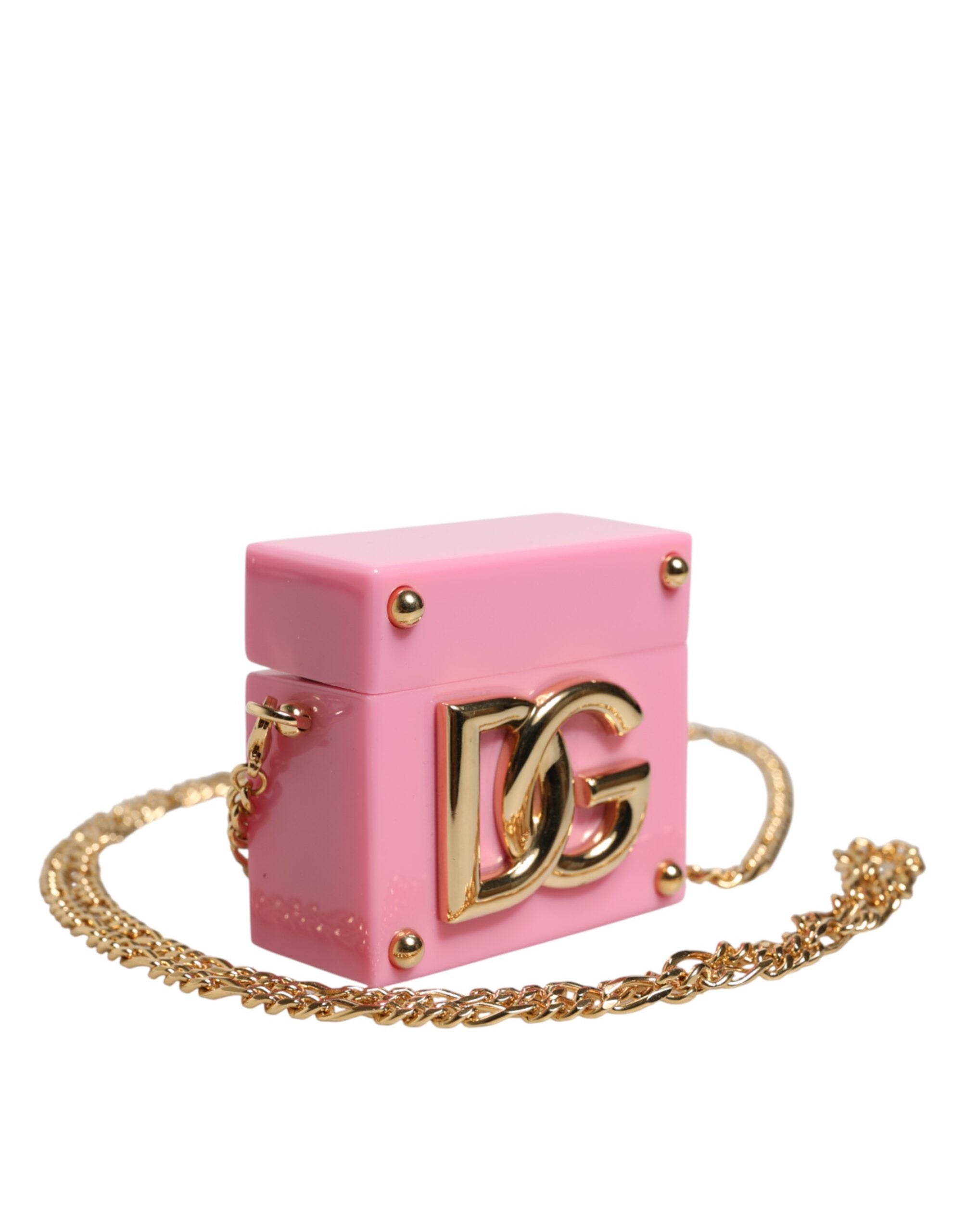 Dolce & Gabbana Pink DG Logo Plaque Cover Gold Chain Airpods Case