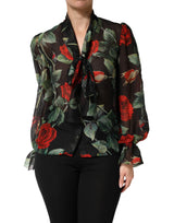 Dolce & Gabbana Black Floral Long Sleeves Silk Blouse Top