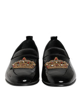 Dolce & Gabbana Black Leather Gold Crown Mens Loafers Shoes