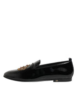 Dolce & Gabbana Black Leather Gold Crown Mens Loafers Shoes