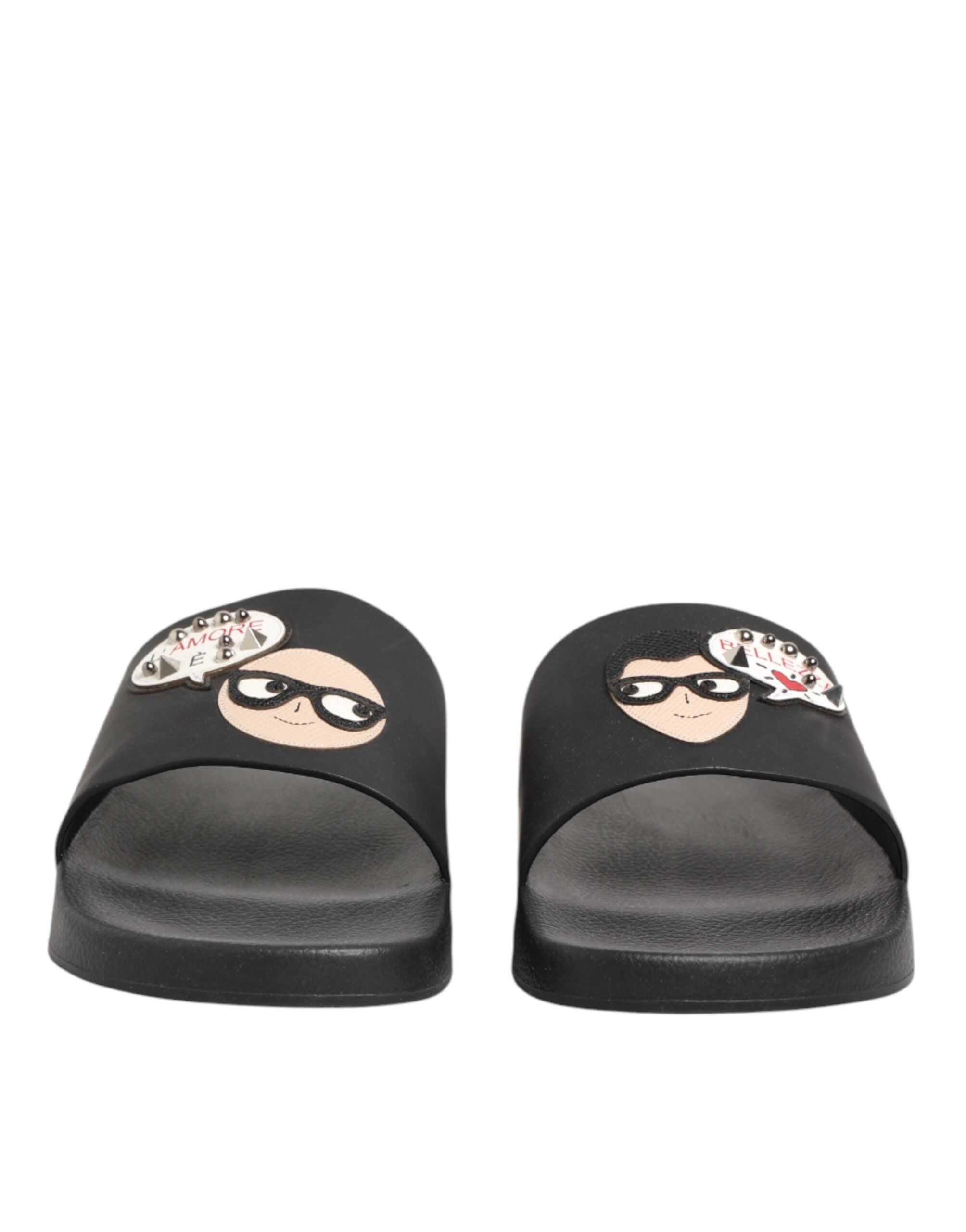 Dolce & Gabbana Black Leather Slides Sandals Beachwear Shoes