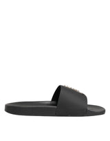 Dolce & Gabbana Black Leather Slides Sandals Beachwear Shoes