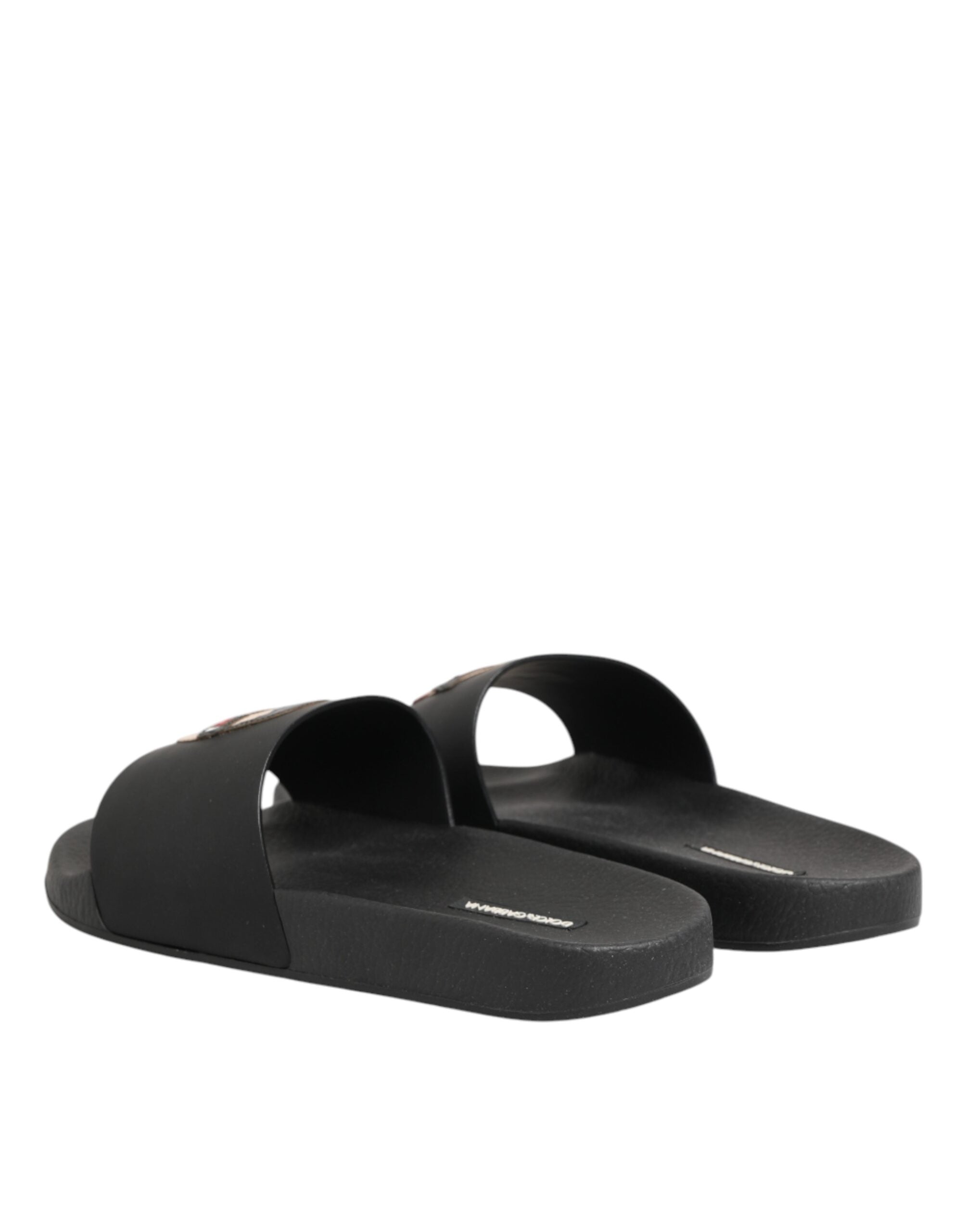 Dolce & Gabbana Black Leather Slides Sandals Beachwear Shoes